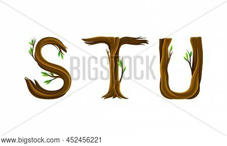 S, T, U Letters Made Of Branches And Leaves. Eco English Alphabet Font Vector Illustration