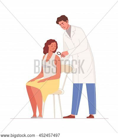 Doctor Examines Patient's Skin. Diagnosis And Consultation Of Dermatologist. Allergist Appointment. 