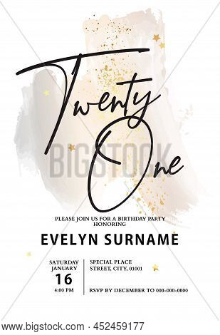 Birthday Card Party Invitation In Vector. Twenty One Birthday Crd Template Luxury Elegance Card With