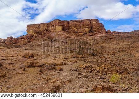 Winter View Of Rock Formation And The Arava Desert Valley Landscape Near The Shkhoret Canyon, Southe