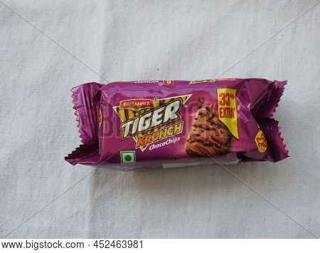 Closeup Of Britannia Tiger Krunch Chocochip Biscuits Pack Isolated On White Background.