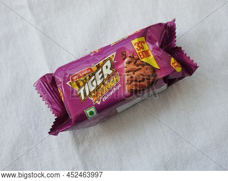 Closeup Of Britannia Tiger Krunch Chocochip Biscuits Pack Isolated On White Background.