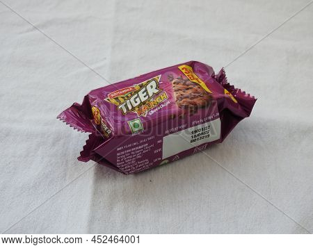 Closeup Of Britannia Tiger Krunch Chocochip Biscuits Pack Isolated On White Background.