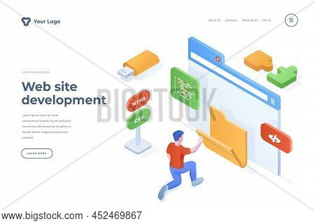 Website Development Isometric Landing Page Template. Male Programmer Designing Webpage Interface Car