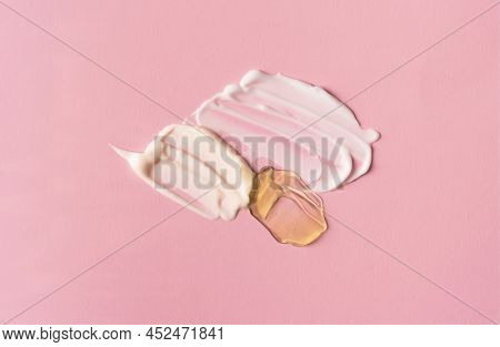 Multicolored Cosmetic Product Sample, Beauty Background. Cosmetic Product Texture And Selfcare Trend