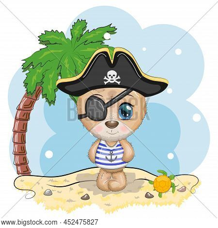 Teddy Bear Pirate, Cartoon Character Of The Game, Wild Animal In A Bandana And A Cocked Hat With A S