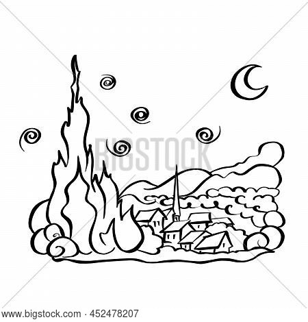Creative Line Art Of The Starry Night Of Vincent Van Gogh, Famous Dutch Impressionist Painter