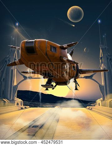 Space Ship Landing On A Futuristic Star Base Platform On An Alien Panet, 3d Render.
