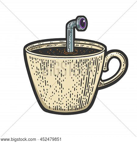 Periscope Of Submarine In Coffee Cup Color Sketch Engraving Vector Illustration. T-shirt Apparel Pri