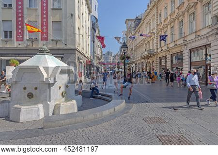 Belgrade, Serbia - August 08, 2021: Delijska Cesma White Marble Drinking Water Fountain In Knez Miha