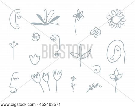 Hand Drawn Line Floral And Face Shapes. Minimal Cute Cover Design Elements. Organic Form Background.