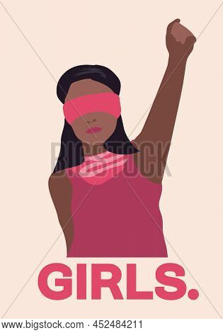 Freedom Girl Power Raised Up Fist, United. Faceless Portrait Black Feminist Female In Flat Vector Il