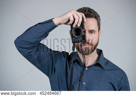 Camera Gear When You Need It. Bearded Man Take Photo With Camera