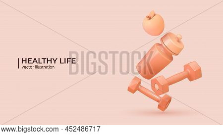 Healthy Lifestyle Concept. 3d Set Of Sport Equipment. Realistic Fitness Inventory, Gym Accessories I