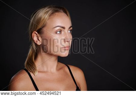 Beauty Portrait Of Confident Middle Aged Caucasian Blonde Beautiful Woman With Clean Healthy Glowing