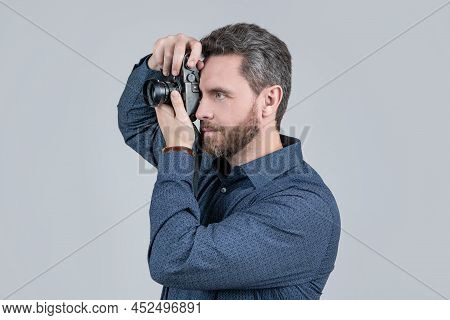 Worth Capturing. Bearded Man Take Photo With Camera. Shooting Session. Photography Session