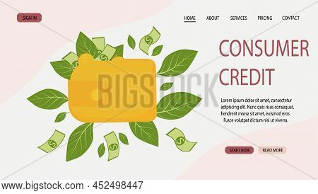 Consumer Credit Is A Banking Operation. A Green Wallet Full Of Money. Coins, Dollars, Cupra. Vector 