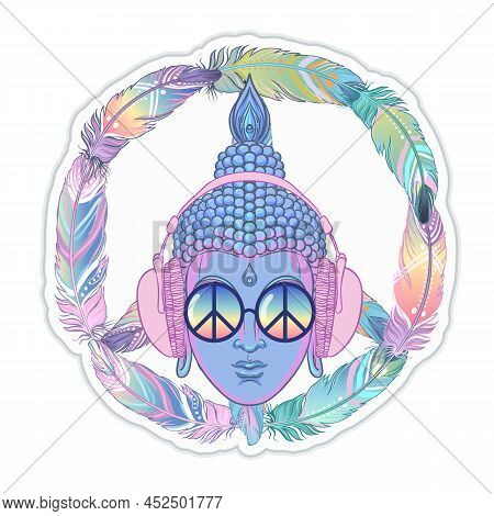 Peace And Love. Colorful Buddha In Rainbow Glasses Listening To The Music In Headphones. Vector Illu