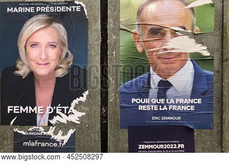 Paris, France - April 06, 2022 : The Banners With Candidates For President Elections