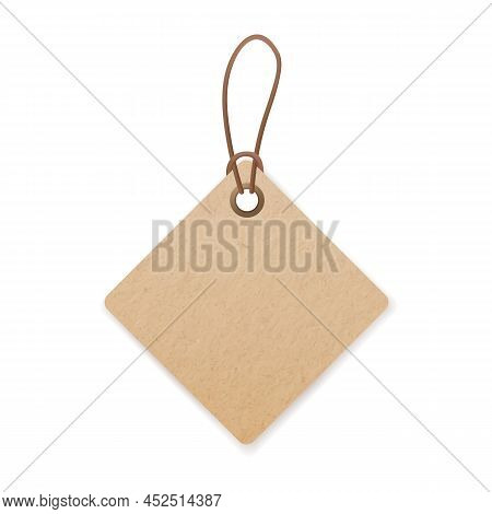 Craft Cardboard Label Hanging On String. Kraft Paper Price Tag Of Square Shape. Blank Carton Card Wi