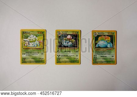 Prague, Czech Republic - April 3 2022: Bulbasaur, Ivysaur And Venusaur Evolutions Pokemon Cards Fron