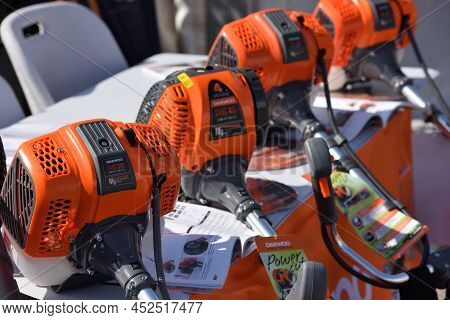 Kaunas, Lithuania - March 31, 2022: Close Up To Daewoo String Trimmer Tools At International Agricul