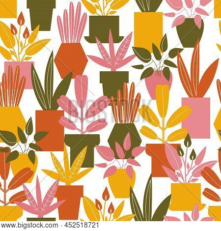 Bright Seamless Pattern With Different Simple Houseplants. Vector Flat Endless Background With Abstr