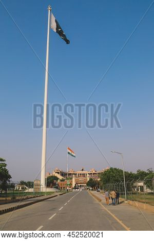 Wagah Border, Pakistan - July 22, 2021: View To The Main Gates Of  Attari-wagah Border With The Flag