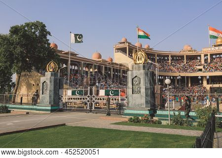 Wagah Border, Pakistan - July 22, 2021: View To The Main Gates Of  Attari-wagah Border With The Flag