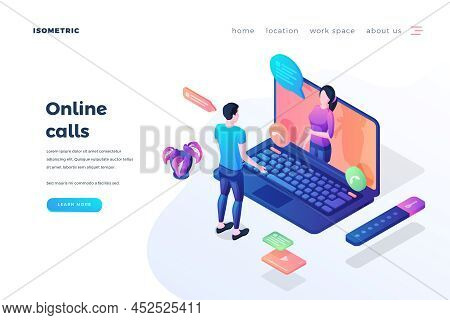 Online Calls Landing Page Vector Template. Internet Chatting, Conferencing Website Homepage Interfac