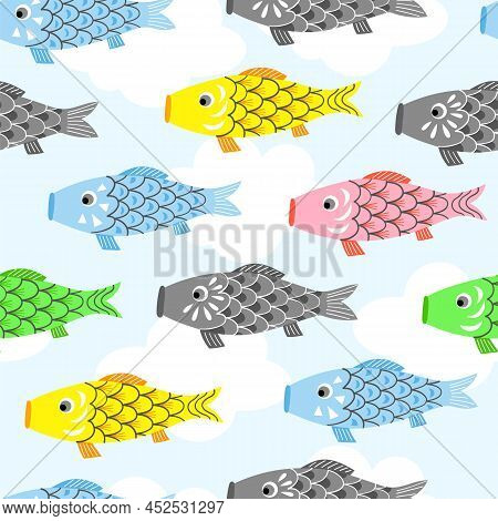 Koinobori Carp Streamer Vector Seamless Pattern On Blue