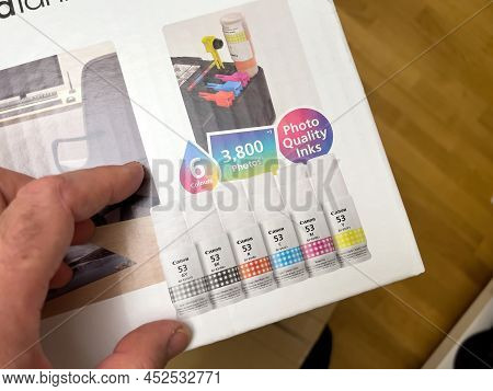 London, United Kingdom - Ap 3, 2022: Cardboard Box Of A New Canon Pixma G550 Single Function Printer