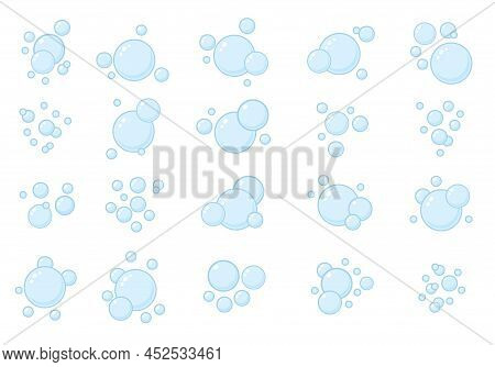 Blue Flat Air Bubbles. Soap Bubbles, Outline Water Boiling Icons, Foam Circles Effervescent Composit