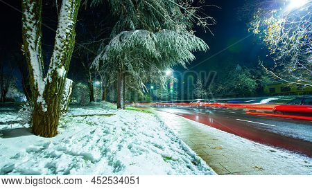 Moving Light At A Snowy Night In Ifrane