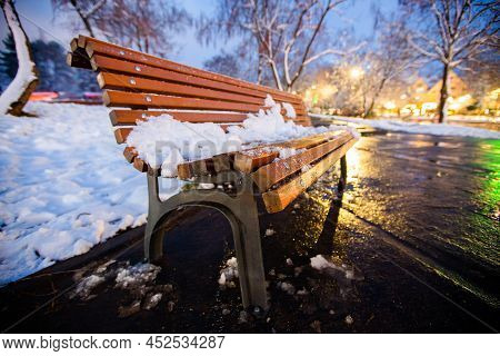 Snow On A Chair In Winter In Ifrane In Morocco
