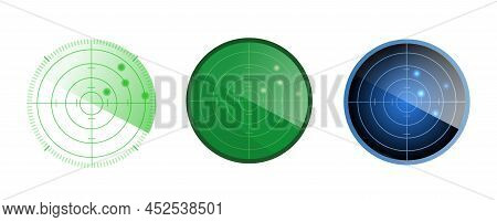 Set Of Radar Screen. Radar Isolated On White Background. Military Search System. Vector Stock