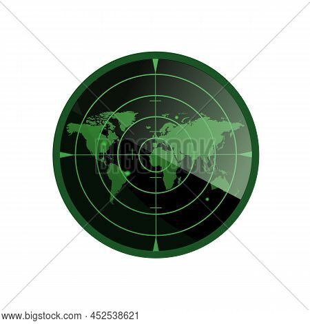 Green Radar Screen With World Map. Radar Isolated On White Background. Military Search System. Vecto