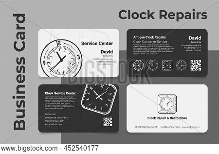 Collection Monochrome Antique Clock Repair Service Center Business Card Vector Illustration
