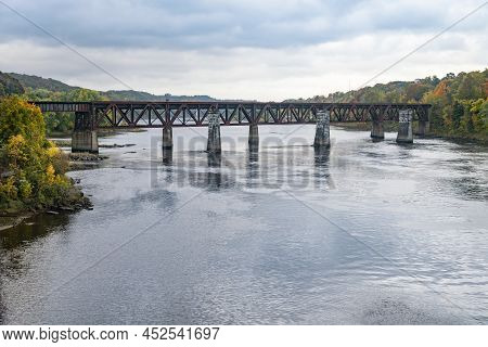 Waterfront Of Historic Downtown Along The Kennebec River, Augusta, Maine, Usa