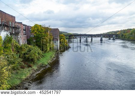 Waterfront Of Historic Downtown Along The Kennebec River, Augusta, Maine, Usa