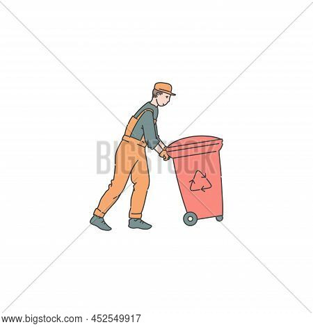 Dustman Worker With Container For Recycling Waste. Cleaning Environment From Trash. Vector Doodle Li