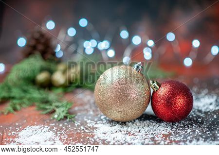 Front View Xmas Tree Balls Coconut Powder On Dark Isolated Background Xmas Lights