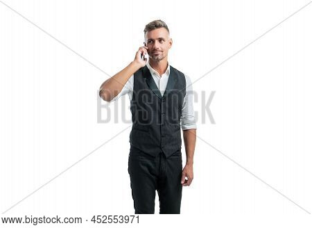 Manager In Semi-formal Suit Vest Talking On Mobile Phone Isolated On White