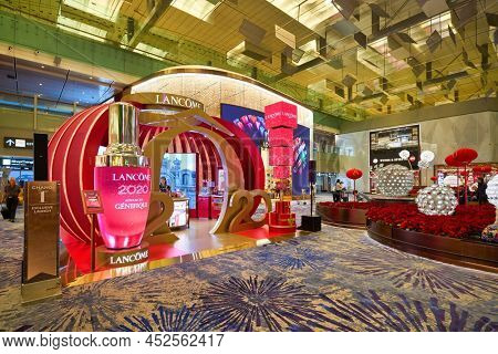 SINGAPORE - CIRCA JANUARY, 2020: entrance to Lancome's Chinese New Year themed pop-up store at Changi with Shilla.