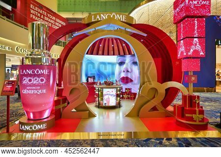 SINGAPORE - CIRCA JANUARY, 2020: entrance to Lancome's Chinese New Year themed pop-up store at Changi with Shilla.