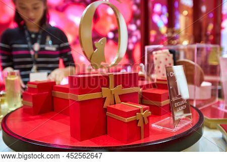 SINGAPORE - CIRCA JANUARY, 2020: inside Lancome's Chinese New Year themed pop-up store at Changi with Shilla.