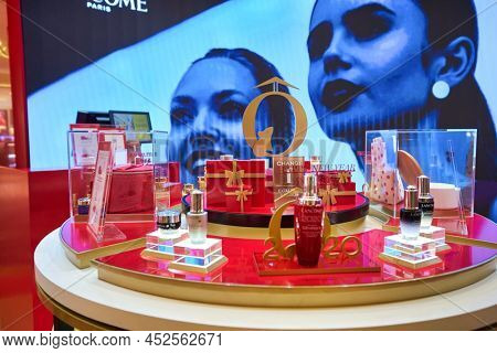 SINGAPORE - CIRCA JANUARY, 2020: personal care products on display in Lancome's Chinese New Year themed pop-up store at Changi with Shilla.