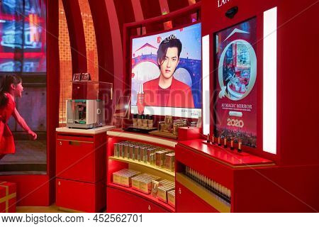 SINGAPORE - CIRCA JANUARY, 2020: personal care products on display in Lancome's Chinese New Year themed pop-up store at Changi with Shilla.