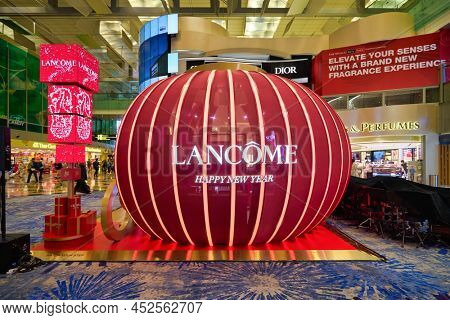 SINGAPORE - CIRCA JANUARY, 2020: Lancome's Chinese New Year themed pop-up store at Changi with Shilla.