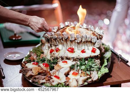 Food Concept. Ready Grilled Pork Ribs Dish And Beef Steak With Herbs. Ready To Serve. Ready To Eat. 